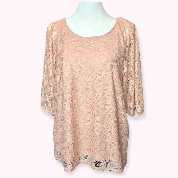 Adrianna Papell Blush Pink Metallic Lace Overlay 3/4 Sleeve Blouse Size Medium - Picture 1 of 6